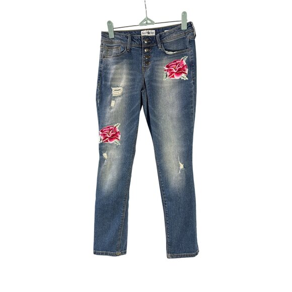 Black Daisy Jamie Relaxed Skinny Jeans Rose Embroidery Distressed Juniors 1/25 - Picture 1 of 8